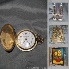 MaxSold Auction: This online auction features antique pocket watch, Brass desk pen set, Art Nouveau marble statue, carved Wood-Dragon Hoselton statues, Fender electric guitar, Moorcroft Bowl, stain glass windows, Jadeite, vintage pyrex, Inuit soapstone carving, LPs and much more!